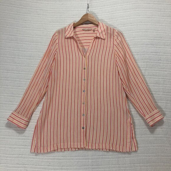 Soft Surroundings Size M Escambia Gauze Tunic Women's Coral Stripe Button Front - Picture 2 of 8